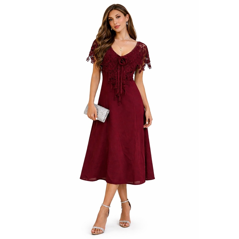 Leona USA Vintage Burgundy Lace Midi Dress Rose Lace Detail Wine Red Victorian M